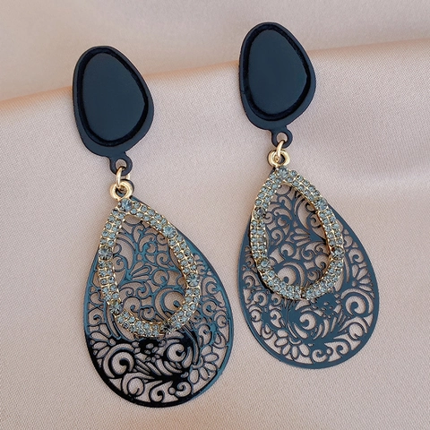 Water Drop Earrings With 925 Sterling Silver Earring Post Alloy Hollow Out Rhinestone Retro Vintage For Women