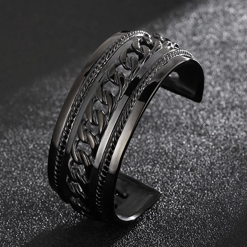 Men Vintage 316L Stainless Steel Cuff Bracelet Cuban Chain Texture Twisted Rope Edge Industrial Punk Open Bangle Jewelry