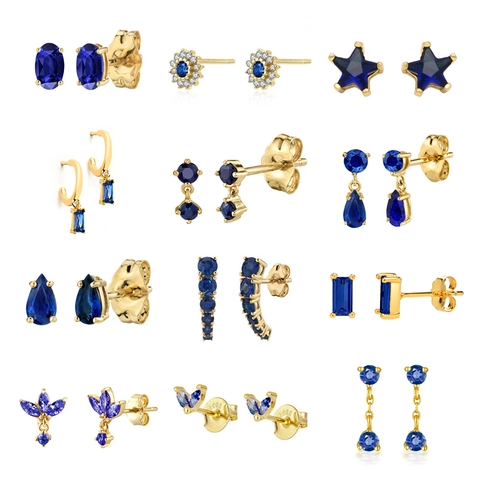 Royal Blue Cubic Zirconia Earrings Gold Plated Copper With 925 Sterling Silver Earring Post Elegant Geometric Jewelry Women