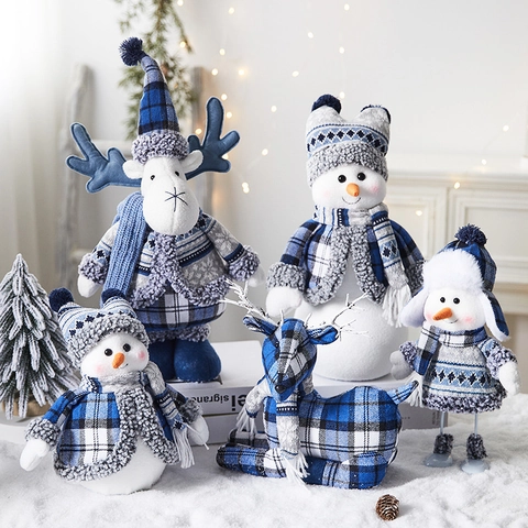 Décorations Noël Bonhomme De Neige Renne Peluche Ornements Carreau Bleu Tricoté Décor De Table Poupées Vacances Hiver
