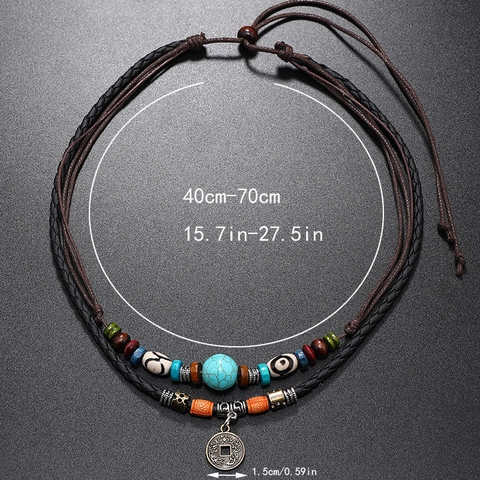 Collana Vintage Etnica a Più Strati in Cordino di Pelle Sintetica Unisex Fatta a Mano con Perle di Legno Turchese Artificiale Pendente Moneta Antica Regolabile Gioielli Boho