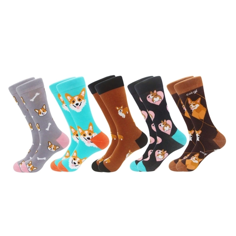 Corgi Dog Socks Cotton Cartoon Animal Pattern Crew Mid Calf Novelty Casual Breathable For Women Men