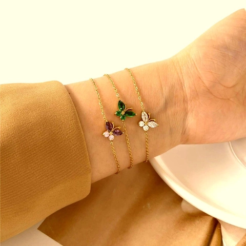 Bracelet Pendentif Papillon Acier Inoxydable Plaqué Or 18K Zircon Coloré Bijoux Minimalistes Réglables Pour Femmes