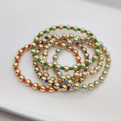 18K Gold Plated Copper Round Bead And Colorful Glass Seed Bead Elastic Bracelet For Women Stackable Bohemian Jewelry