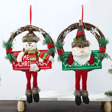 Weihnachts-Rattan-Kranz Hängende Weihnachtsmann Schneemann Plüschpuppe Wandtür Dekoration Fröhliche Weihnachten Schild