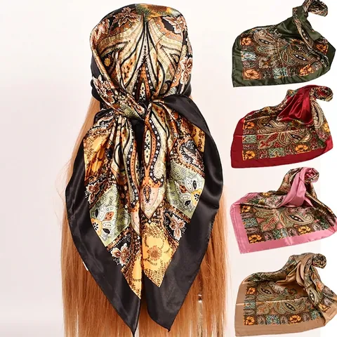 Vintage Paisley Floral Print Satin Satinnähnlicher Quadratschals Eleganter Haarband Halswickel Bohemian Accessoire Für Damen