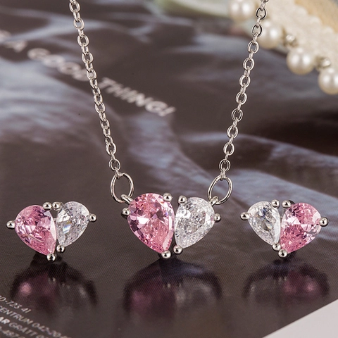 Élégant Ensemble de Bijoux en Cuivre avec Strass Rose Collier Pendentif Cœur et Boucles d'Oreilles Clous pour Femmes Cadeau de Saint-Valentin