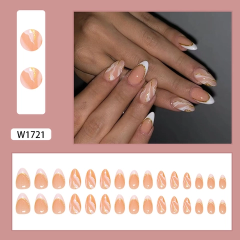 Ongles Press On En Plastique ABS Vague Française Marbre Amande Paillettes Dorées Brillantes Faux Ongles Artificiels Femmes