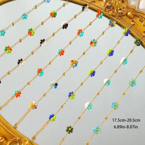 Titanium Steel Colorful Beaded Flower Bracelet For Women 18K Gold Plated Fresh Floral Bead Chain Bracelet Adjustable Jewelry