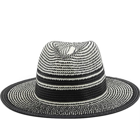 Striped Fedora Straw Hat Foldable Sun Protection Panama Summer Beach Wide Brim Woven Breathable Unisex