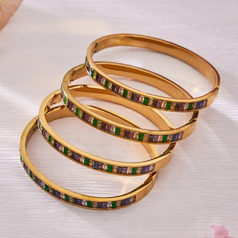 Bracciale Rigido Placcato Oro 18K Acciaio Inossidabile Zirconia Cubica Baguette Colorata Impermeabile Gioielli Di Lusso