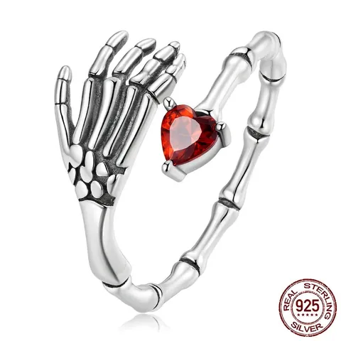 925 Sterling Silver Skull Hand Heart Ring For Women Gothic Red Zirconia Adjustable Opening Finger Ring Halloween Jewelry Gift