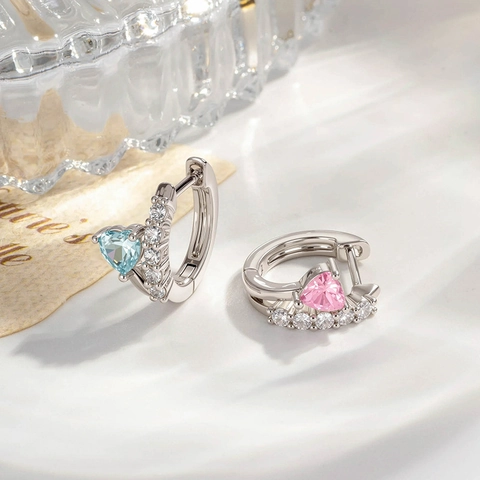 Hart Huggie Hoop Oorbellen Koper Zirconia Roze Blauw Hartvormige Edelsteen Sieraden Vrouwen Met Earring Post