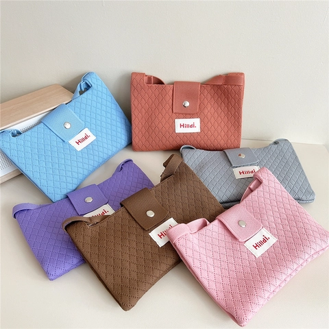 Women Knitted Crossbody Phone Bag Solid Color Rhombus Texture Magnetic Buckle Small Casual Minimalist Korean Style