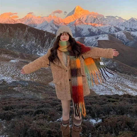 Sciarpa A Quadri Invernale Spessa Calda Scialle In finto Cashmere Lunghe Frange Nappine Stile Coreano