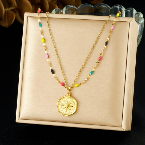 Collier Double Couche Acier Inoxydable Perles Émail Colorées Pendentif Étoile Disque Boussole Bijoux Pour Femmes