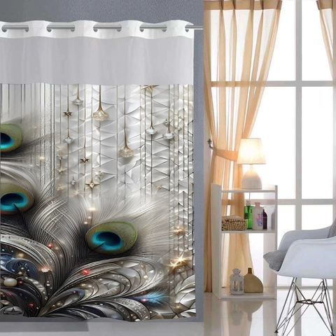 Waterproof Polyester Shower Curtain With Digital Print Winter Forest Peacock Feather Pattern Hookless Grommet Top Bathroom Decor