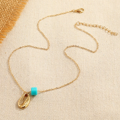 Collier Pendentif Coquillage Bohème Plaqué Or Alliage Coquillage Avec Perle Bleu Ciel Bijoux de Plage Été pour Femmes