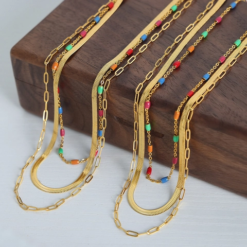 Gold Titanium Steel 3-Layer Stacking Necklace For Women Multicolored Enamel Beads Snake Paperclip Chain Hip Hop Jewelry