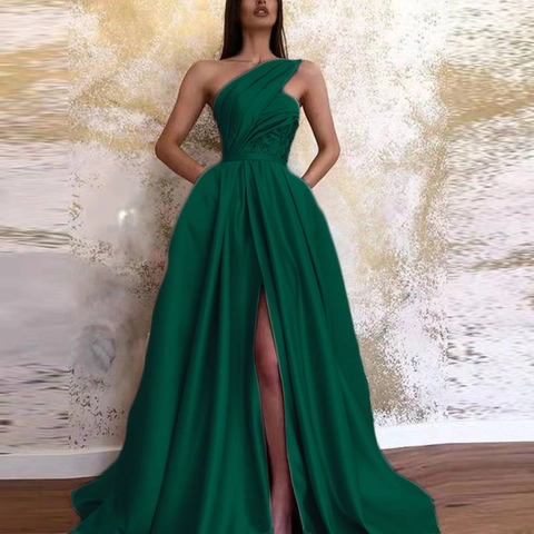 Women Sexy One Shoulder Evening Dress High Slit Ruched Satin Look Formal Party Maxi Gown Wedding Guest Apparel Dress