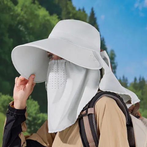 Cappello Protezione Solare Poliestere Ala Larga Protezione Collo Maschera Facciale Rimovibile Foro Coda Cavallo Escursionismo Donna