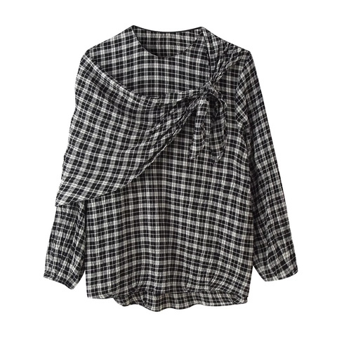 Blusa A Quadri Maniche Lunghe Seersucker Orlo Asimmetrico Fiocco Laterale Abbottonata Colletto Camicia Per Donne