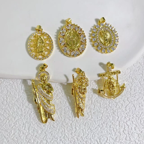 Collana Pendente Religiosa Rame Placcato Oro 18K Zircone Santa Maria Gesù Forme Di Ancora Gioielli Di Tendenza