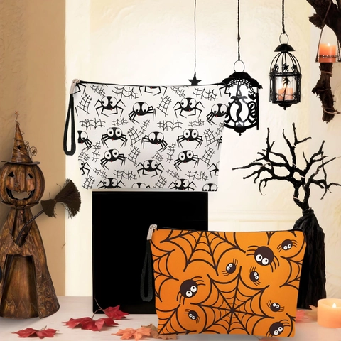 Halloween Makeup Bag Fine Linen Toiletry Pouch Spider Web Print Travel Organizer Zipper Handheld Wrist Strap Gothic