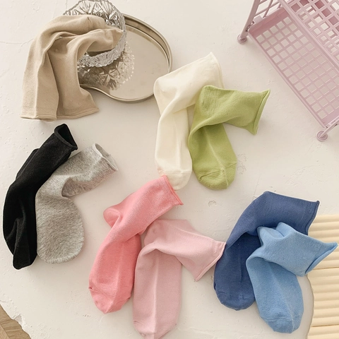 Women Slouch Socks Combed Cotton Breathable Rolled Edge Mid-Calf Solid Candy Color Japanese Style