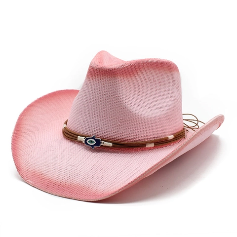 Westerse Cowboyhoed Stro Geweven Ademend Zonbescherming Strandhoed Vintage Etnisch Hamsa Boze Oog Bedeltje