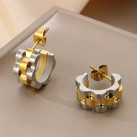 Orecchini A Cerchio In Acciaio Inossidabile Placcati Oro 18K Trama A Cinturino Bordo Ondulato Stile Minimalista Da Donna
