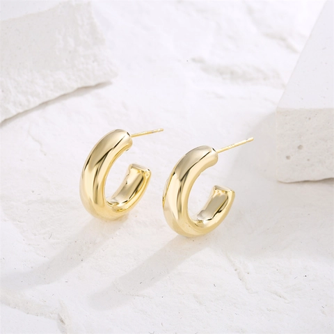 C-Shape Hoop Earrings 14K Gold Plated Copper Smooth Minimalist Geometric For Women With 925 Sterling Silver Earring Post