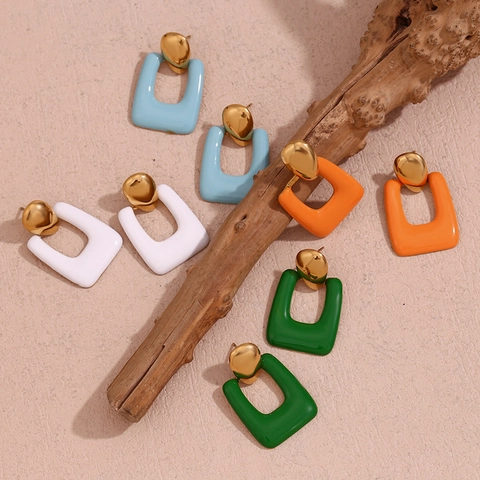 Stainless Steel Geometric Enamel Stud Earrings For Women 18K Gold Plated Hollow Rectangular Drip Oil Fashion Jewelry