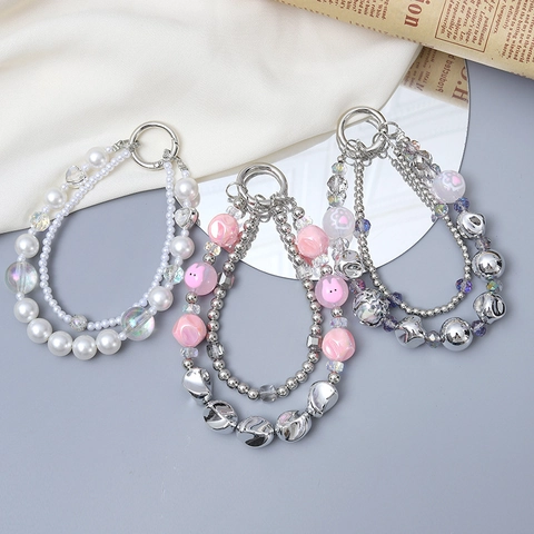 Mode Kunstmatige Parel Kralen Dubbele Ketting Telefoon Charm Leuke Konijn Kattenpoot Hart Hanger Anti-Verloren Lanyard Sleutelhanger Voor Vrouwen