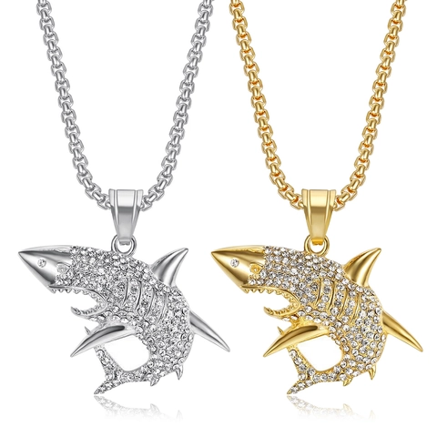 Collana con Ciondolo Squalo Hip Hop per Uomo Acciaio Inossidabile Pavé di Strass Pendente Animale Oro Argento Catena Veneziana Gioielli