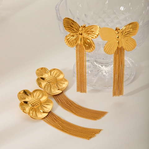 Pendientes Largos Con Flecos Mariposa Girasol Acero Inoxidable Chapado Oro Joyería Lujo Para Mujer Estilo Nicho Chic