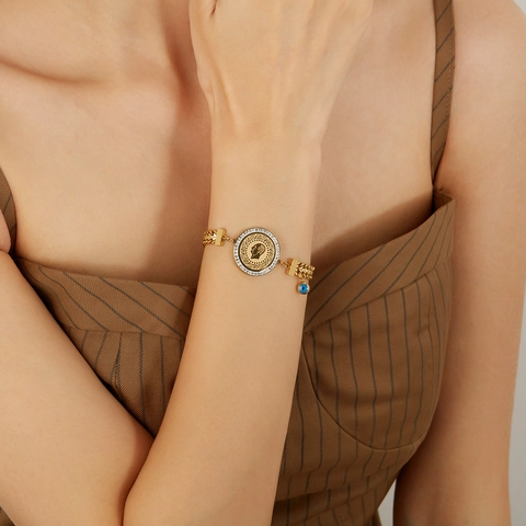 Vintage Edelstahl Münze Porträt Anhänger Armband Für Damen Gold Strass Böser Blick Charm Kette Armband Schmuck Geschenk