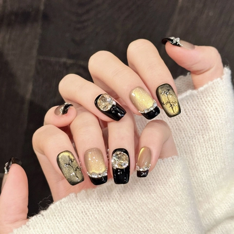 Faux Ongles à Coller Faits à la Main Dégradé Noir Or Oeil de Chat Motif Bambou Elégants Strass pour Femmes