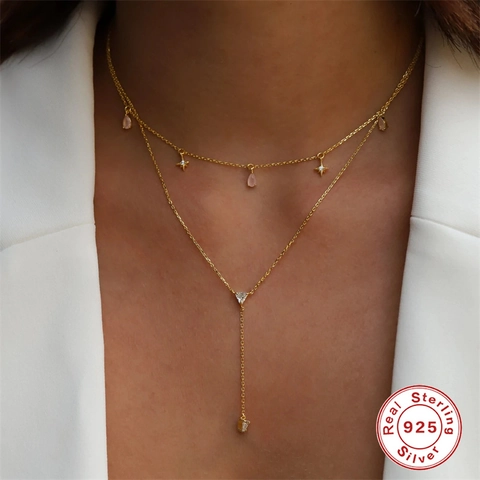 925 Sterling Silver Necklace With Pink Water Drop And Star Pendants Gold Plated Double Layer Clavicle Chain For Women