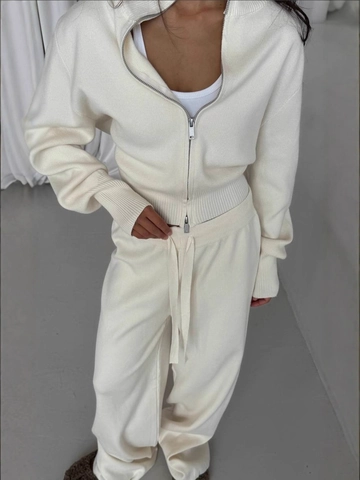 Ensemble En Tricot Nervuré Pour Femmes Pull À Fermeture Éclair Col Montant Et Pantalon Large À Cordon Décontracté