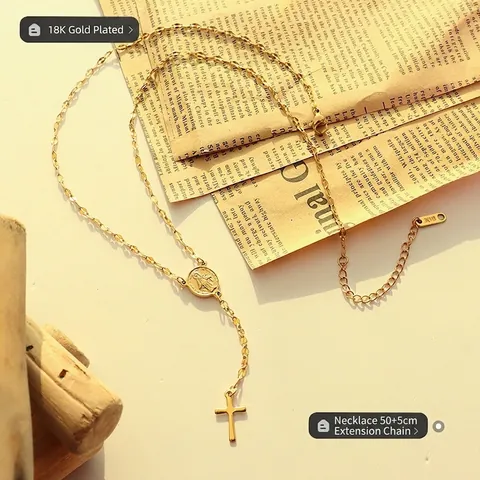 Collar De Rosario En Y Vintage Acero De Titanio Chapado En Oro Cruz Religiosa Medalla Virgen María Colgante Joyas Mujer