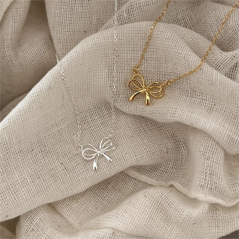 925 Sterling Silber Schleife Anhänger Halskette 18K Vergoldet Koreanischen Minimalistischen Schlüsselbein Kette Schmuck Damen