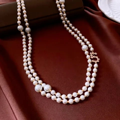 French Vintage Long Necklace Glass Artificial Pearl Copper Zircon Layered Beaded Sweater Chain Retro Court Style For Women