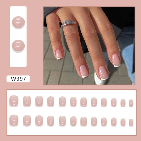 Faux Ongles Press On Style Français Court Carré Rose Miroitant Nude Bout Blanc Minimaliste Élégant Pour Femmes