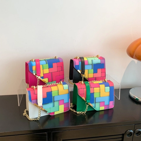 Damen Geometrische Patchwork Kettenschultertasche PU Leder Tetris Stil Farbblock Umhängetasche Nische Trendige Kleine Handtasche