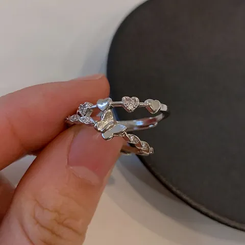 Minimalist Micro Pave Zirconia Butterfly Heart Open Adjustable Ring For Women Silver Plated Copper Fashion Finger Ring Jewelry