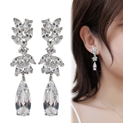 Copper Zircon Drop Earrings With 925 Sterling Silver Earring Post Marquise Leaf Waterdrop Wedding Elegant Fashion Women
