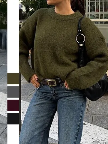 Pull En Maille Pour Femmes Mélange De Laine Col Rond Manches Longues Couleur Unie Décontracté Élégant