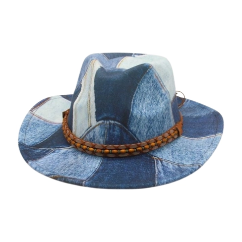 Vintage Denim Patchwork Fedora Hat Wide Brim Western Cowboy Sun Cap Wood Beads Ethnic Style Women Men