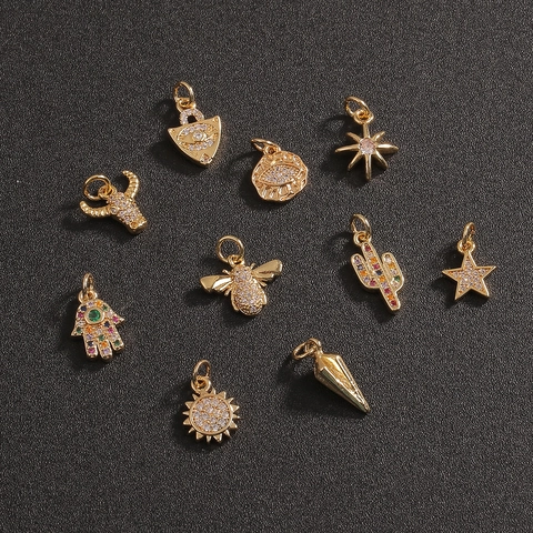 Trendy Gold Plated Copper DIY Charms Cubic Zirconia Inlaid Animal Cactus Hamsa Star Eye Sun Jewelry Making Findings